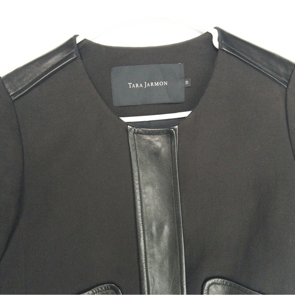 TARA JARMON Wool Leather Jacket Womens Size 38 US 6 M Cropped Snap Blazer - Picture 6 of 15